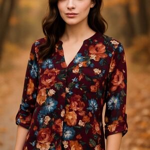 Lush Womens S Burgundy Floral Blouse 3/4‎ Sleeve V-Neck Pullover Tunic Top